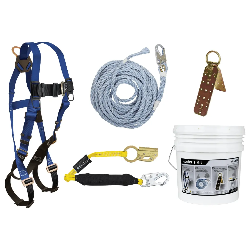 Roofer's Kit with Hinged Reusable Anchor and Manual Rope Adjuster