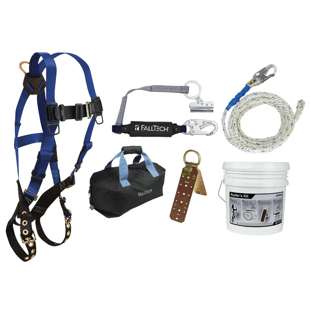 Roofer's Kit with Hinged Reusable Anchor, Trailing Rope Adjuster and Large Bag