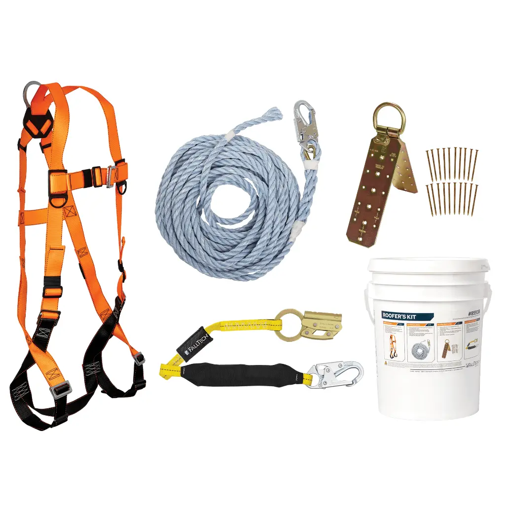 Roofer's Kit with Hinged Reusable Anchor and Manual Rope Adjuster